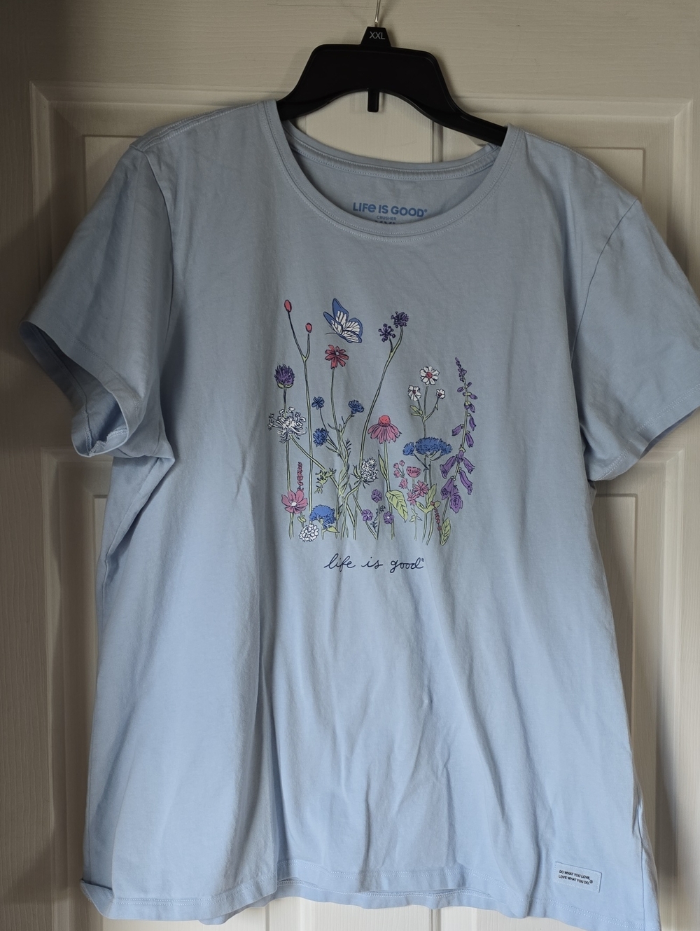 Womens Life Is Good Light Blue Wildflower Tee with Colorful Floral Print